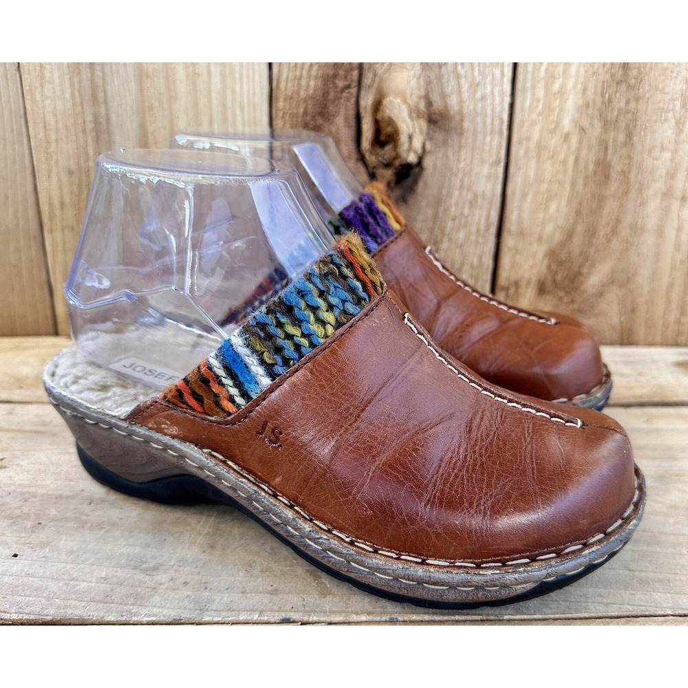 Josef Seibel Leather Shoes Mules Aztec BOHO Women's US 5.5 EU 36 Fleece Lined